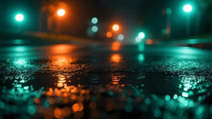 Rainy Night Street with Blurred Lights Reflecting on Wet Pavement