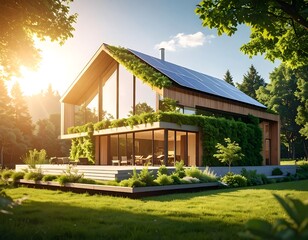Modern eco-friendly house with solar panels and green roof blends with nature