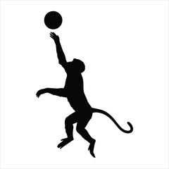 A black silhouette of a monkey in mid-air, with its arm extended upwards, reaching for a dark circular object above it.