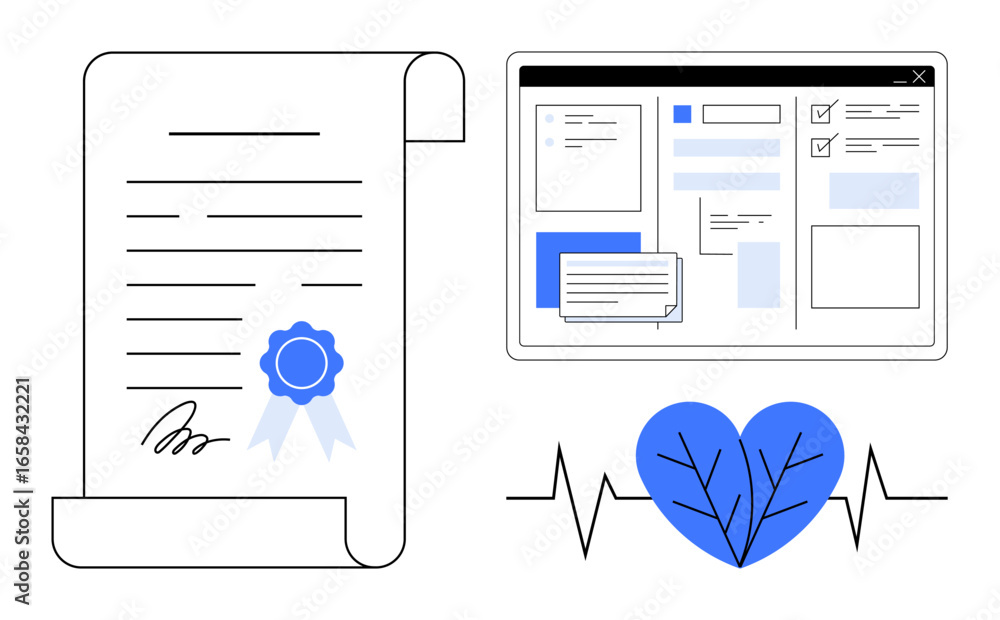 Aufkleber rolled certificate with seal, web interface for task organization, heart with veins and heartbeat li