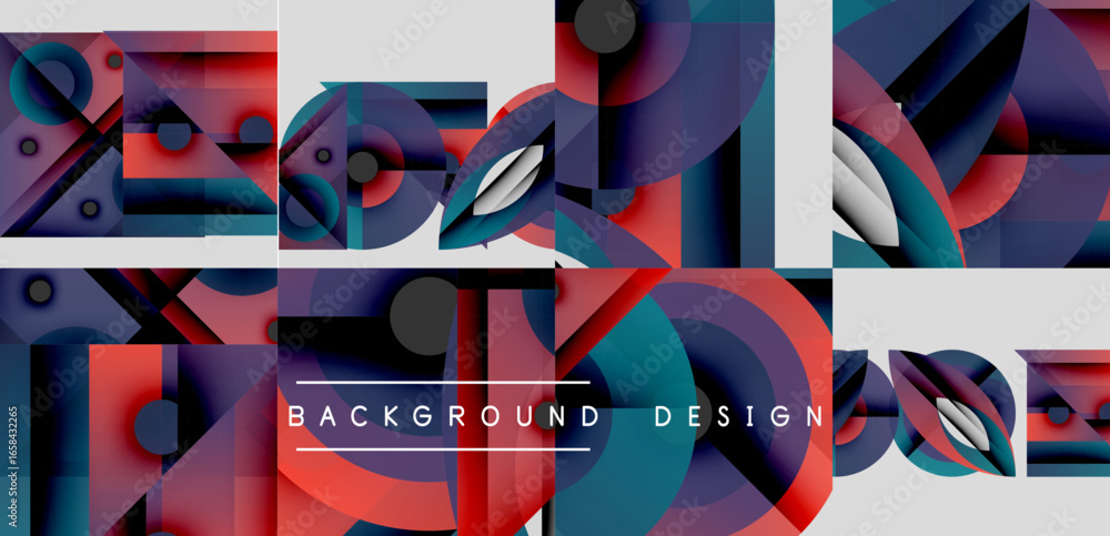 Poster abstract geometric shapes, vibrant colors, modern design. overlapping circles, squares create dynami