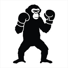 A black silhouette of a chimpanzee wearing boxing gloves and standing in a defensive fighting pose.