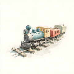 Obraz premium Watercolor Train Engine and Cars on Tracks Illustration