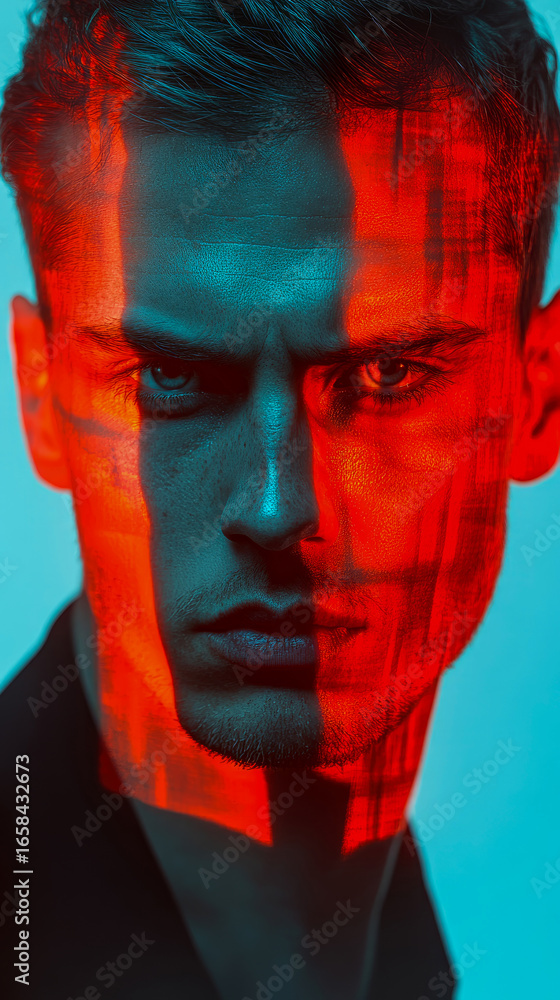 Poster intense dual-color illuminated male portrait showcasing striking contrast of red and cyan light with