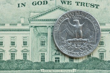 American cent coin on dollar bill close up. United States currency