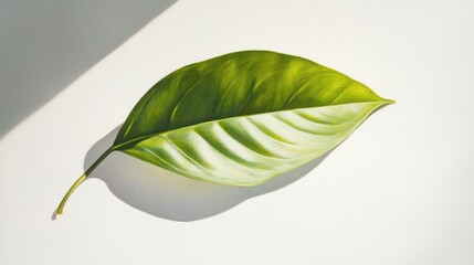 Green leaf, studio shot,  shadow on white background,  flat lay