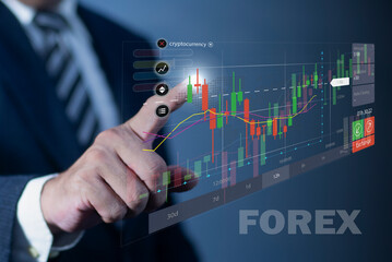 Businessman pressing FOREX icon on virtual screen. Concept about forex currency exchange. Business,...