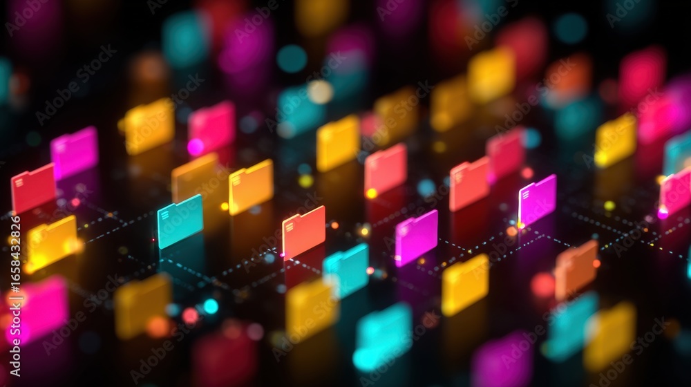 Aufkleber abstract network grid with files and folders, futuristic software interface, digital document manage