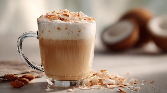 Toasted coconut milk latte with nut shavings and soft light backdrop