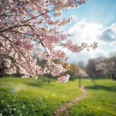 Obraz premium Beautiful Cherry Blossoms in a Sunny Spring Meadow with a Winding Path