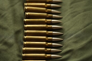 Many rifle bullets on military camo green fabric background