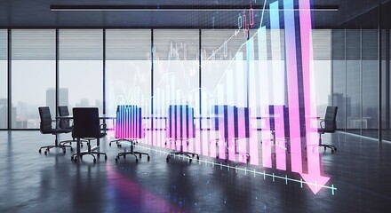 Modern conference room with futuristic blue and pink lighting effects and city view