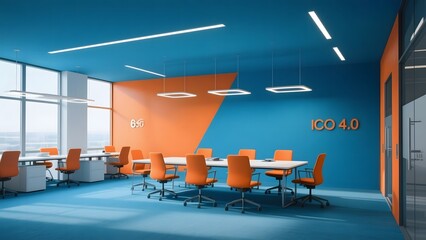 Modern office meeting room with vibrant blue and orange decor, featuring 'ICO 4.0' text on the wall.