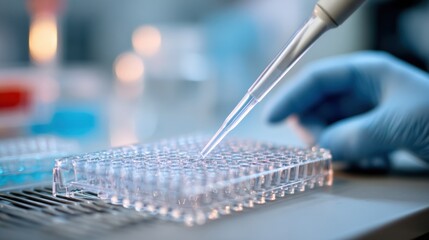 Medium perspective on lab technician pipetting reagents onto a microarray slide for RNA modulator quality assessment with main action crisp and environment subtly blurred.