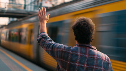 Back view of a man waving hand goodbye while standing at a trainstation, with the train is running at speed on background. Goodbye and travel concept
