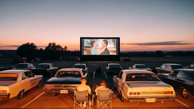 Nostalgic Drive-In Movie Night: Classic Cars, Couple on Screen, Sunset Sky