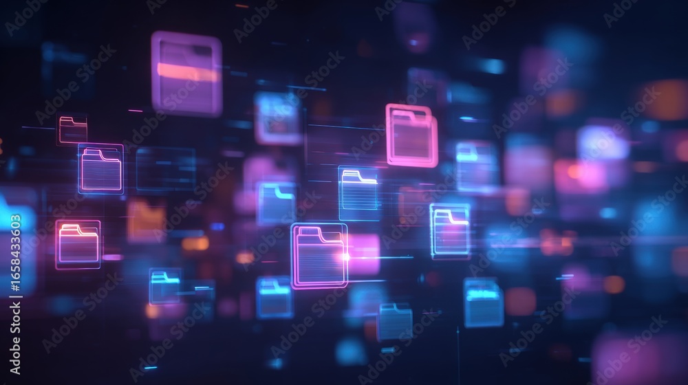 Aufkleber abstract network grid with files and folders, futuristic software interface, digital document manage