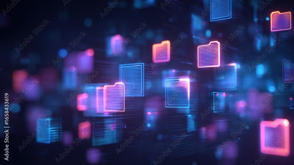 Poster abstract network grid with files and folders, futuristic software interface, digital document manage