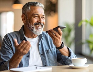 Smiling senior man using voice command on smartphone, concept of modern technology, communication, and active digital lifestyle