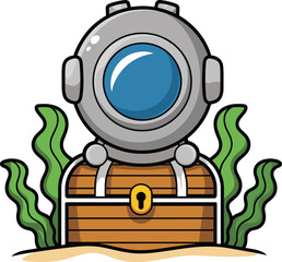 Cartoon, diving helmet, treasure chest, underwater, seaweed, ocean, marine, adventure, exploration, scuba, deep sea, vector, illustration, nautical, treasure, diver, chest, sand, 