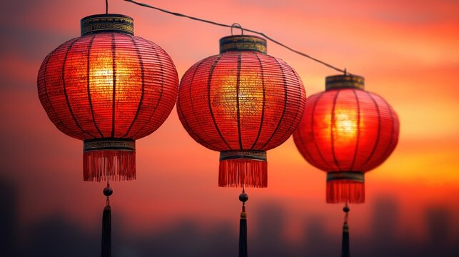 Illuminated Red Lanterns at Sunset: A Festive Asian Scene