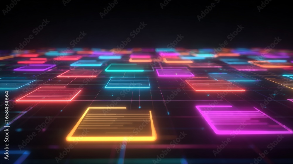 Poster abstract network grid with files and folders, futuristic software interface, digital document manage