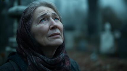 An senior woman standing alone with crying in total despair in a grave yard. Senior loneliness and mental health, Parent pass away concept