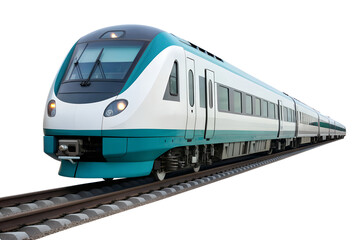 Naklejka premium Modern electric high-speed train with a sleek, aerodynamic design, captured from a front-facing perspective, highlighting its advanced transportation capabilities on railway tracks.