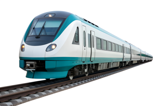Modern electric high-speed train with a sleek, aerodynamic design, captured from a front-facing perspective, highlighting its advanced transportation capabilities on railway tracks.
