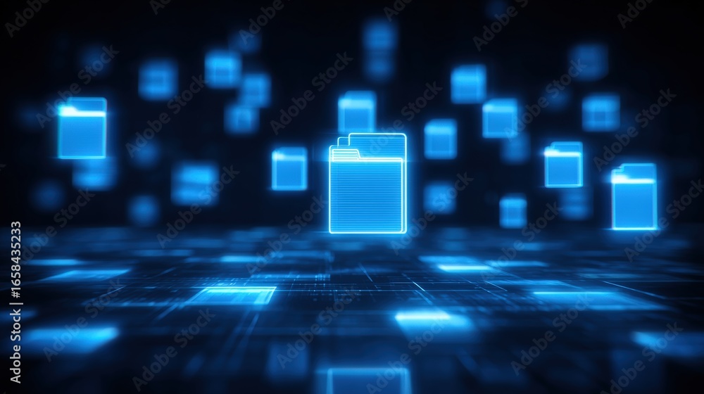Poster abstract network grid with files and folders, futuristic software interface, digital document manage