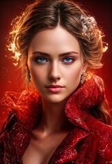 Fototapeta premium Surreal artistic depiction of a fire elemental goddess with radiant fiery hair and glowing aura