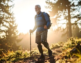 Elderly hiker with leg prosthesis trekking in nature using walking poles, representing strength and independence