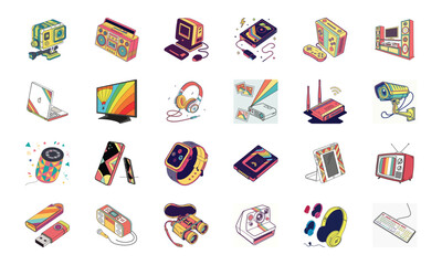 Colorful Retro and Modern Technology Gadgets Vector Icons – Vintage Camera, Computer, Cassette, Gaming Console, Smartwatch, Headphones, Smartphone, Speaker, VR, Router, and Multimedia Devices on Whit