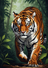 A tiger prowls through a lush, vibrant jungle, its regal stance and rich colors creating a captivating image.