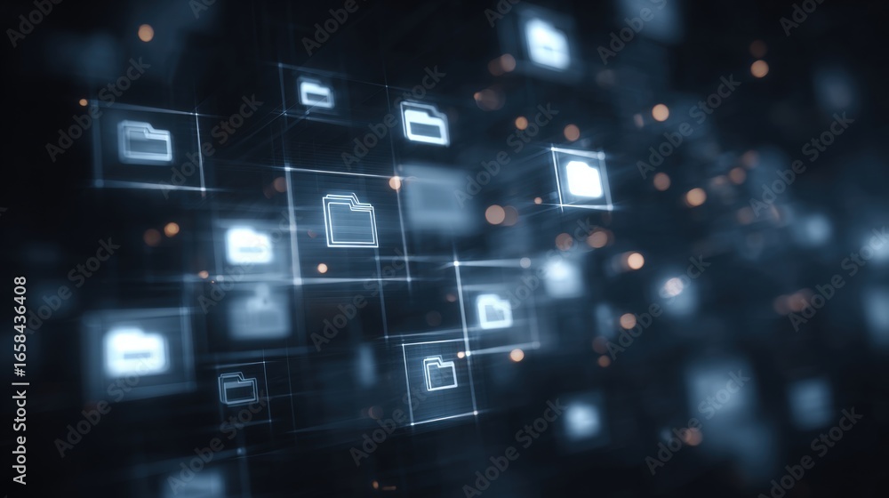Poster abstract network grid with files and folders, futuristic software interface, digital document manage