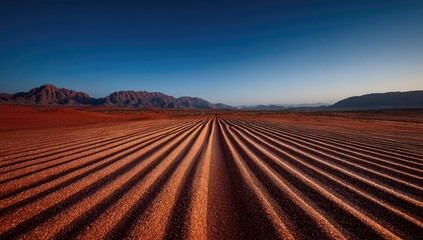 Obraz premium Parallel rows of tilled earth stretch towards distant mountains under a vast blue sky