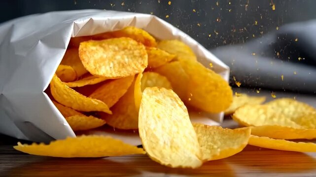 Crispy golden potato chips being poured from a white bag onto a wooden surface for an enjoyable snack experience in a cozy setting