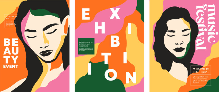 Set of contemporary art posters with portrait of young attractive woman and modern typography. Beauty and femininity concept, modern art exhibition design. Mid century art style trendy illustration