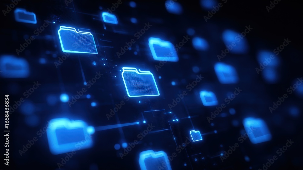 Poster abstract network grid with files and folders, futuristic software interface, digital document manage