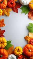 Autumn harvest frame with colorful pumpkins and leaves on white background