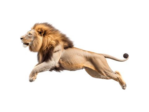 A lion leaping in a dynamic side profile