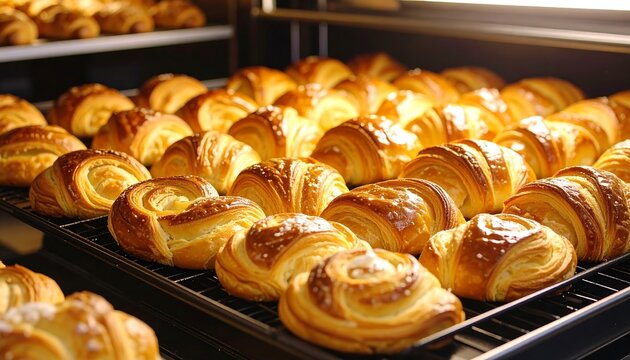 Freshly baked croissants on a rack