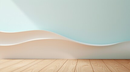 Minimalist Abstract Wave Art with Soft Colors on Wooden Floor