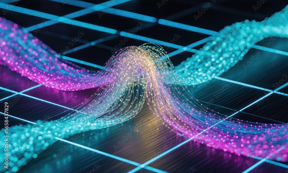 Poster colorful abstract flowing lines with glowing dots over geometric pattern