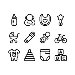 Collection of baby care and childhood icons in a clean outline style
