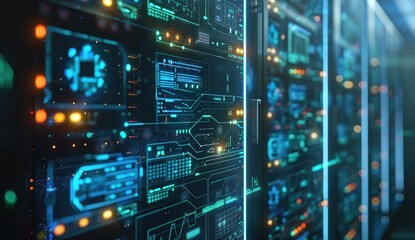 Fototapeta premium Digital technology background with social media icons and business people avatars on a blue digital screen.