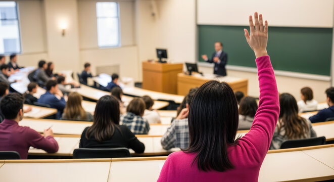 Student Raising Hand to Ask Question in University Lecture Hall