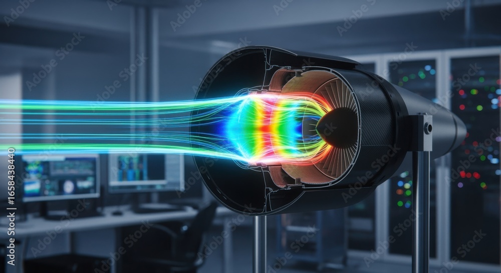 Poster crosssectional view of composite business jet inlet capturing supersonic airflow patterns during dig