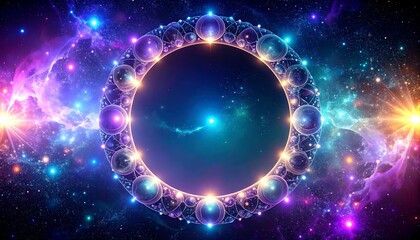 Cosmic portal framed by glowing orbs