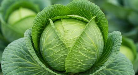 Fototapeta premium Close-up of a vibrant green cabbage head, showcasing its intricate leaf structure and fresh, healthy appearance in natural lighting.